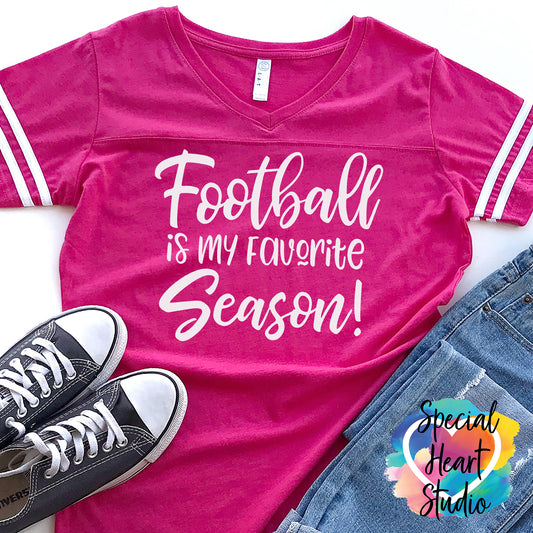 Football is my Favorite Season SVG Cut file on pink shirt mockup