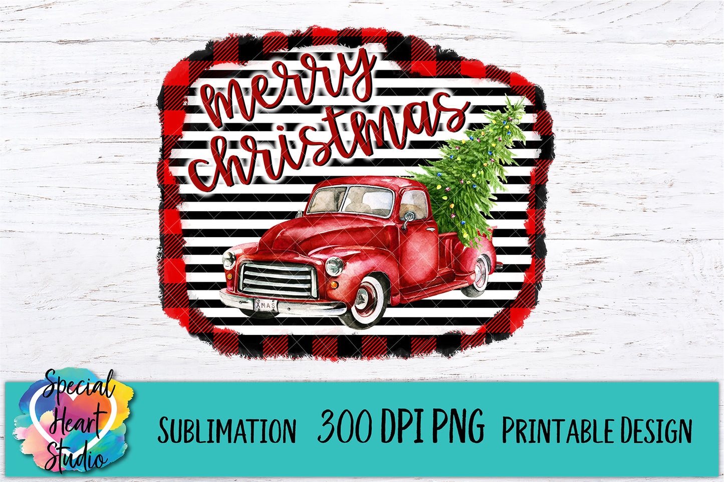 Merry Christmas Red Truck Stripes - Printable