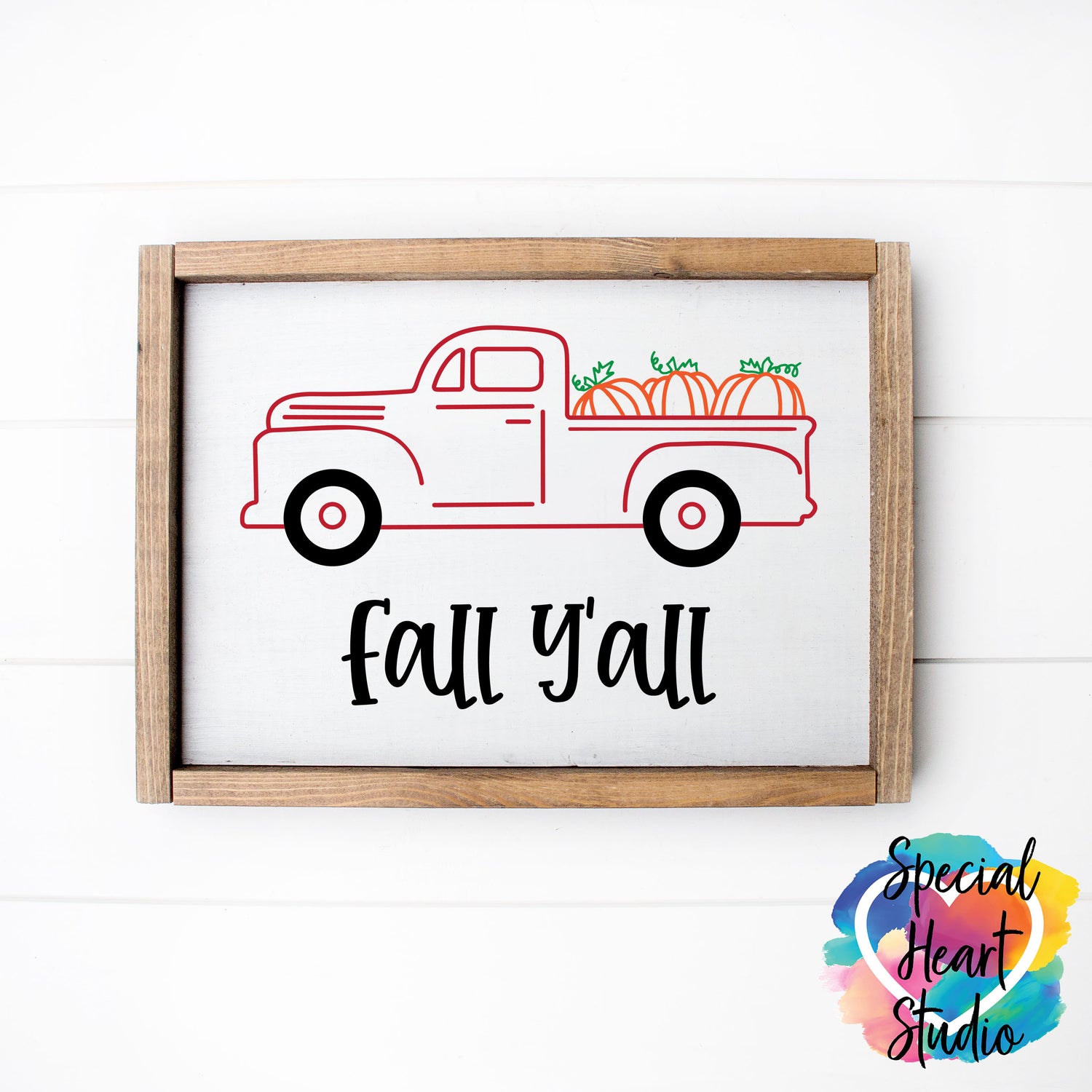 Fall Y'all red truck with pumpkin SVG wooden sign mockup